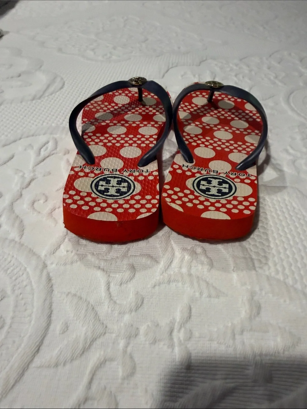 Tory Burch Red Polka Dot Flip Flops with Navy Straps